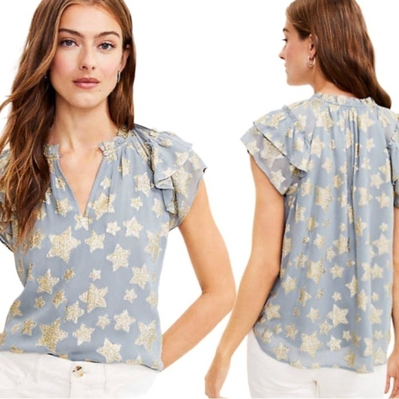 LOFT blue gray chiffon short sleeve blouse with gold stars - Picture 1 of 14